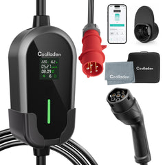 Cavo di ricarica EV portatile Coolladen 11 kW Tipo 2 (16A trifase) con controllo via app – ricarica programmata, corrente regolabile, RCD Tipo B, supporto a parete e borsa per il trasporto inclusi