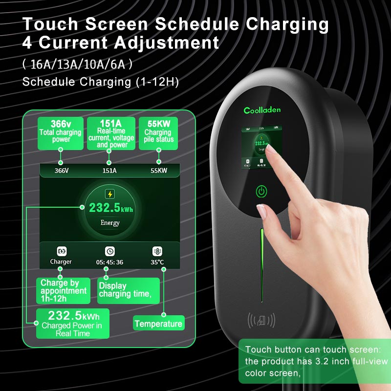 Coolladen EV Charger Smart APP Con 32A Tipo 2 Stazione di Ricarica Domestica da 22kW, Wallbox 5/10m Cavo di Ricarica Con Supporto Caricabatterie App Controllo Plug trifase CEE Per Tutti i EV E PHEV