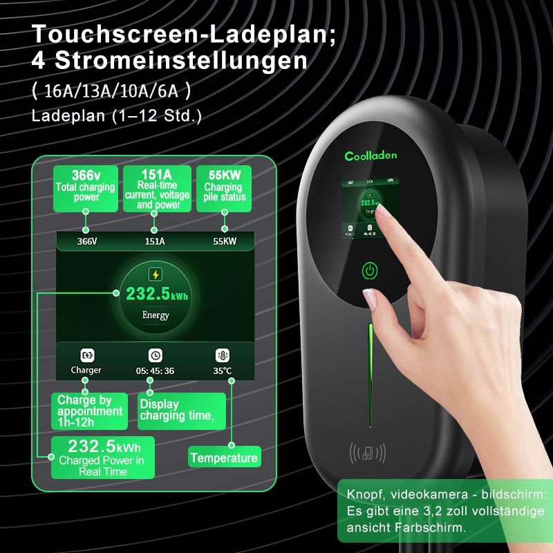 Coolladen EV Charger Smart APP Con 32A Tipo 2 Stazione di Ricarica Domestica da 22kW, Wallbox 5/10m Cavo di Ricarica Con Supporto Caricabatterie App Controllo Plug trifase CEE Per Tutti i EV E PHEV