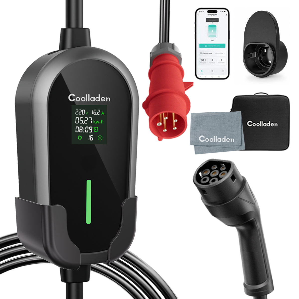 Cavo di ricarica EV portatile Coolladen 11 kW Tipo 2 (16A trifase) con controllo via app – ricarica programmata, corrente regolabile, RCD Tipo B, supporto a parete e borsa per il trasporto inclusi