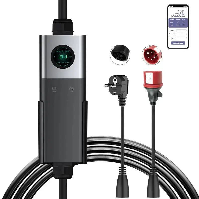 Coolladen Mobile Wallbox WiFi con APP, ricarica fino a 22kW, caricabatterie EV tipo 2, cavo da 5M, display touchscreen, dimensione corrente regolabile con Schuko 16A/CEE 32A Rosso/CEE 16A Rosso/CEE 32A Blu