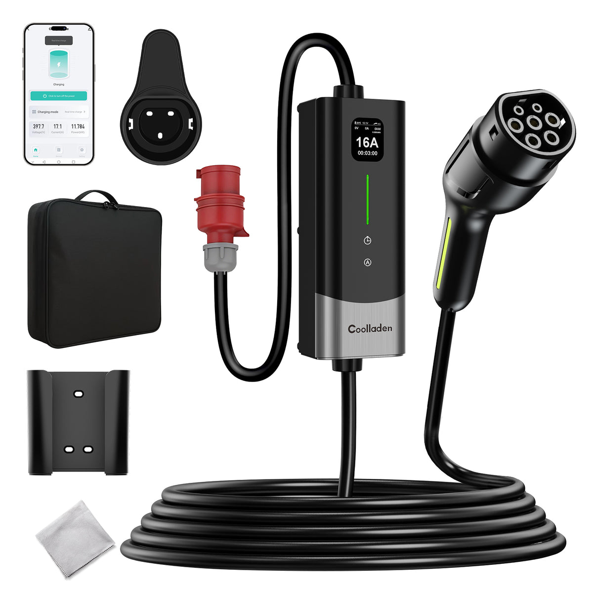 Coolladen Caricatore EV Smart 11kW APP e WiFi | cavo di ricarica CEE trifase 16A | Tipo B RCD di sicurezza