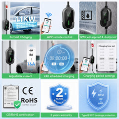 Cavo di ricarica EV portatile Coolladen 11 kW Tipo 2 (16A trifase) con controllo via app – ricarica programmata, corrente regolabile, RCD Tipo B, supporto a parete e borsa per il trasporto inclusi