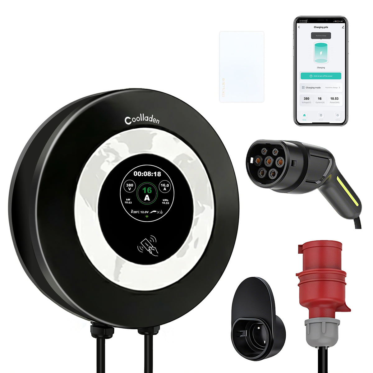 Coolladen Wallbox 11kW con controllo tramite app e RFID, presa Type 2 verso CEE 16A trifase, caricatore EV, protezione avanzata perdite AC+DC (RCD Tipo B)