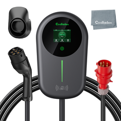 Coolladen EV Charger Smart APP Con 32A Tipo 2 Stazione di Ricarica Domestica da 22kW, Wallbox 5/10m Cavo di Ricarica Con Supporto Caricabatterie App Controllo Plug trifase CEE Per Tutti i EV E PHEV