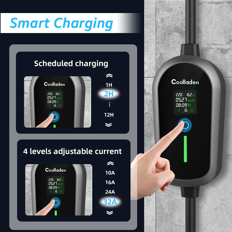 Caricabatterie portatile EV Colladen 7KW Caricabatterie per veicoli elettrici 1 fase 32A tipo 2, 8 ore di ricarica, 4 livelli di corrente regolabile con presa CEE