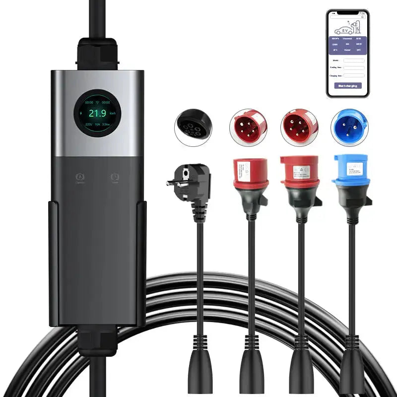 Coolladen Mobile Wallbox WiFi con APP, Ricarica Fino a 11kW, Caricatore EV Tipo 2, Cavo da 5M, Display Touchscreen, Dimensione Corrente Regolabile con Schuko 16A/CEE 16A Rosso