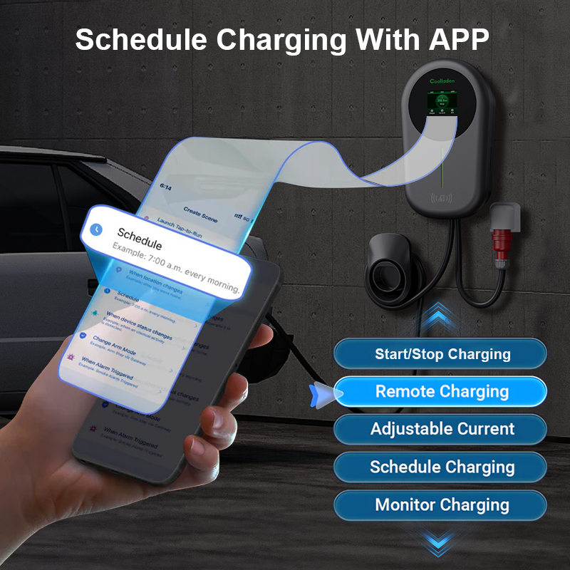 Coolladen EV Charger Smart APP Con 32A Tipo 2 Stazione di Ricarica Domestica da 22kW, Wallbox 5/10m Cavo di Ricarica Con Supporto Caricabatterie App Controllo Plug trifase CEE Per Tutti i EV E PHEV