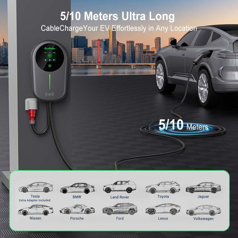 Coolladen EV Charger Smart APP Con 32A Tipo 2 Stazione di Ricarica Domestica da 22kW, Wallbox 5/10m Cavo di Ricarica Con Supporto Caricabatterie App Controllo Plug trifase CEE Per Tutti i EV E PHEV