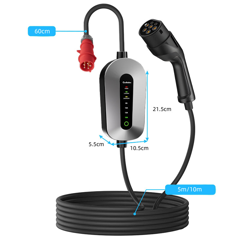 Coolladen Cavo di ricarica tipo 2 spina CEE 11 kW [trifase|5/10m|6-16A] con potenza di ricarica regolabile, stazione di ricarica e caricabatterie EV per ID.3/4/5, e-up, e-tron, Zoe e altri EV