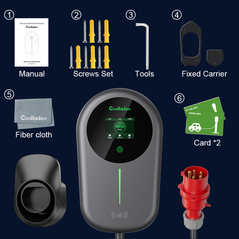 Coolladen EV Charger Smart APP Con 32A Tipo 2 Stazione di Ricarica Domestica da 22kW, Wallbox 5/10m Cavo di Ricarica Con Supporto Caricabatterie App Controllo Plug trifase CEE Per Tutti i EV E PHEV