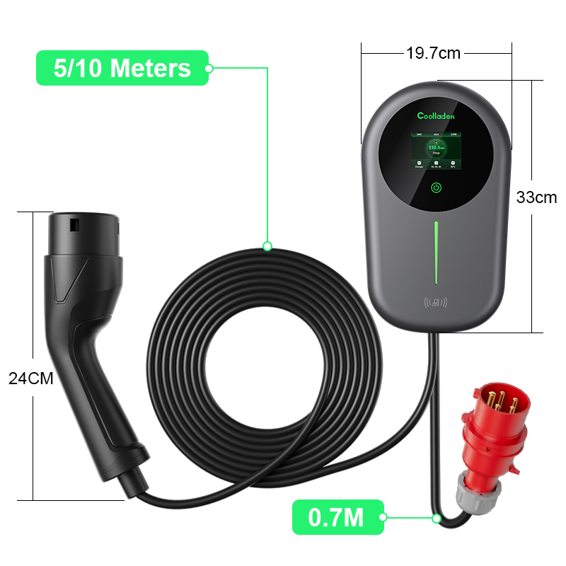 Coolladen EV Charger Smart APP Con 32A Tipo 2 Stazione di Ricarica Domestica da 22kW, Wallbox 5/10m Cavo di Ricarica Con Supporto Caricabatterie App Controllo Plug trifase CEE Per Tutti i EV E PHEV