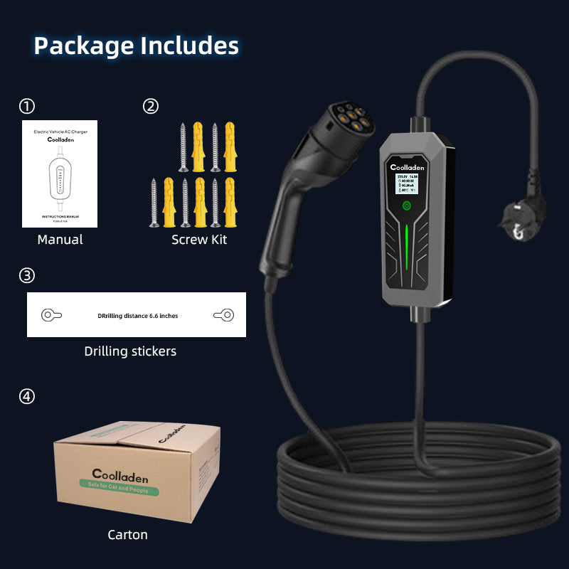 Coolladen Cavo di ricarica tipo 2 Schuko 3,5 W [monofase, 3/5/10 m, 6-16 A], caricabatterie EV con display digitale controllabile per auto elettrica, caricabatterie con schermo OLED per i3, e-Up, ID.3, ID.4, Zoe, fortwo, Kona e altri EV