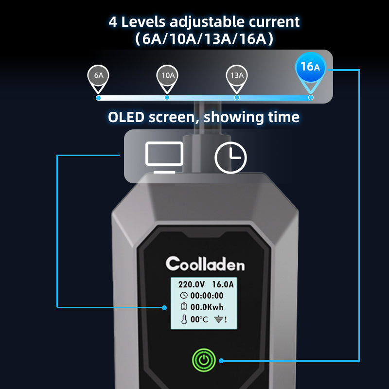 Coolladen Cavo di ricarica tipo 2 Schuko 3,5 W [monofase, 3/5/10 m, 6-16 A], caricabatterie EV con display digitale controllabile per auto elettrica, caricabatterie con schermo OLED per i3, e-Up, ID.3, ID.4, Zoe, fortwo, Kona e altri EV