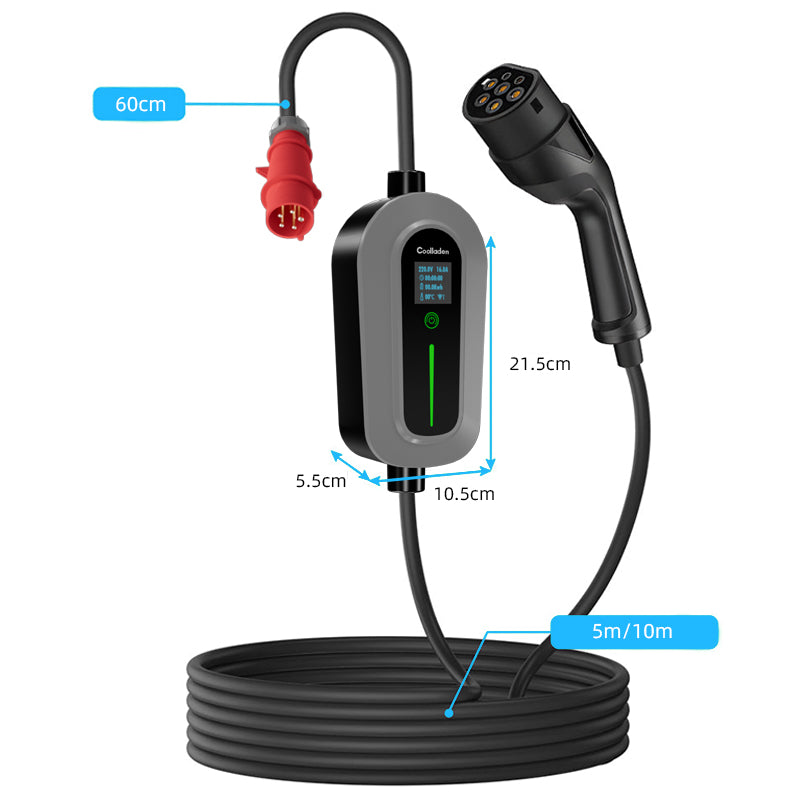 Coolladen Cavo di ricarica tipo 2 spina CEE 11 kW [trifase|5/10m|6-16A] con potenza di ricarica regolabile, stazione di ricarica e caricabatterie EV per ID.3/4/5, e-up, e-tron, Zoe e altri EV