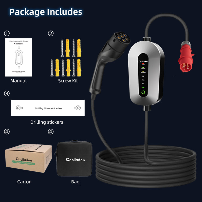 Coolladen Cavo di ricarica tipo 2 CEE spina 11 KW [3/5m | 6-16A] con alimentazione di ricarica regolabile, stazione di ricarica e caricatore EV per ID.3/4/5, E-Up, E-Tron, Zoe e altri EV